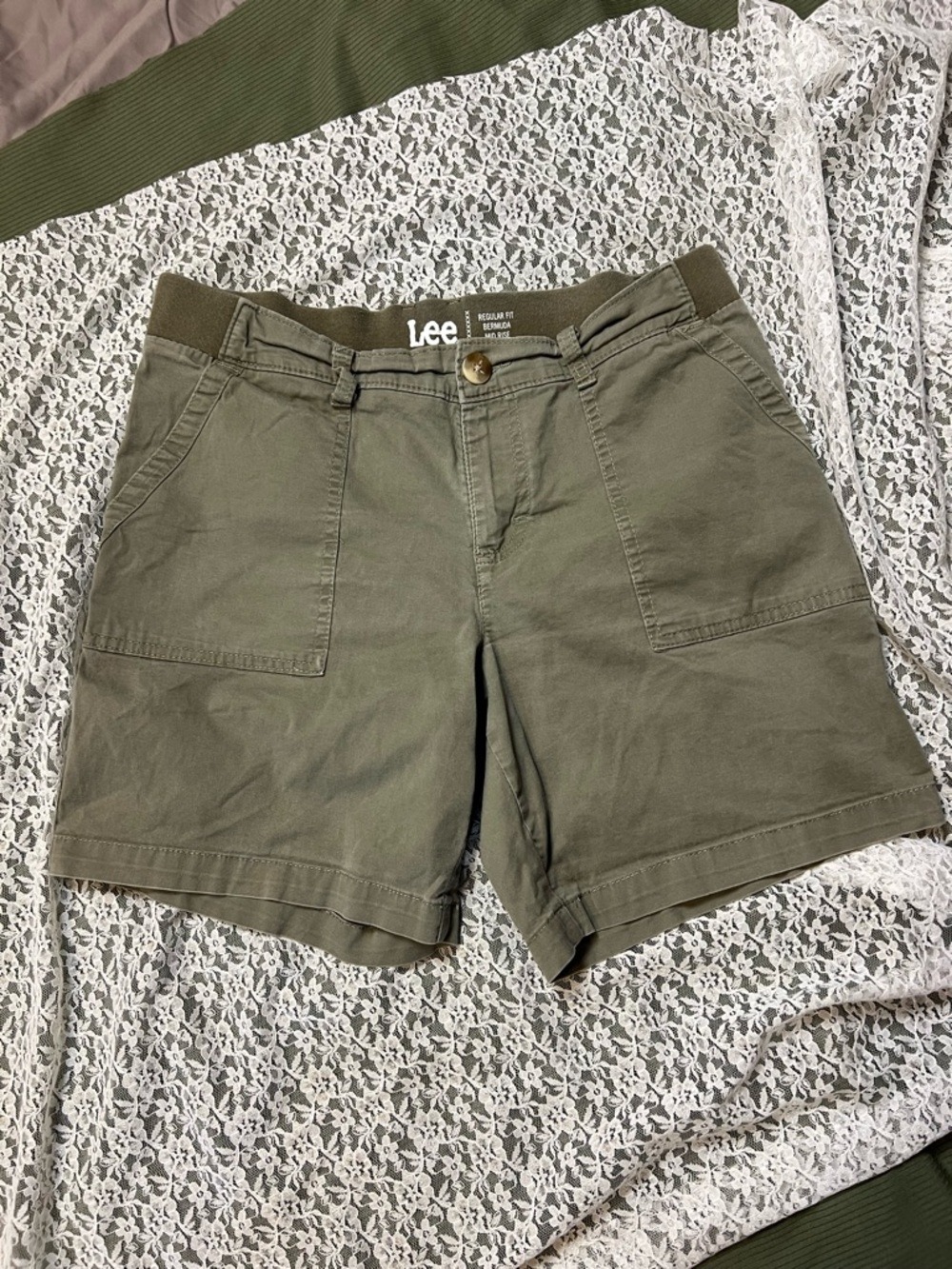 Lee Olive Green Mid-Rise Cotton Bermuda Shorts